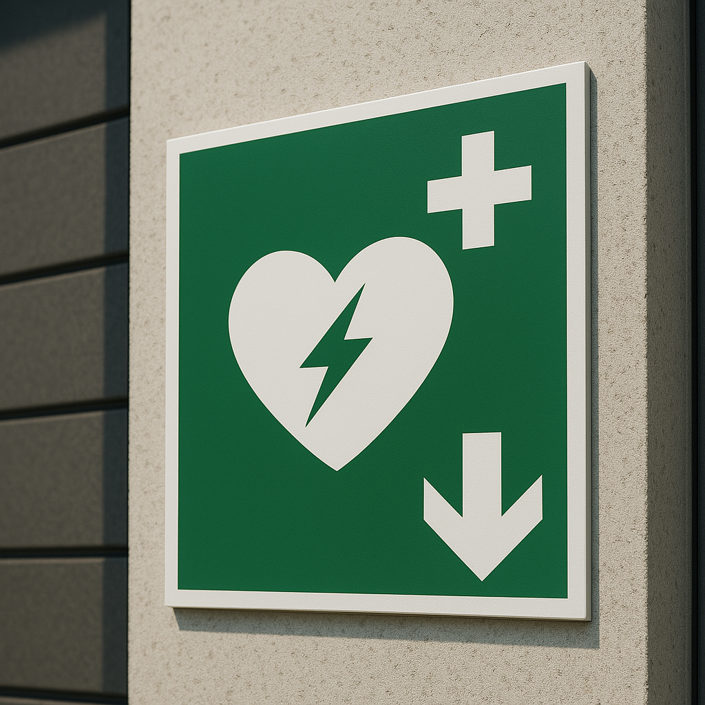 AED Hinweisschild Pfeil unten