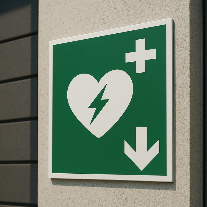 AED Hinweisschild Pfeil unten